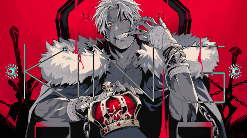 1boy, aion_kiu, bandages, beard, beowulf_(fate), chain, crown, facial_hair