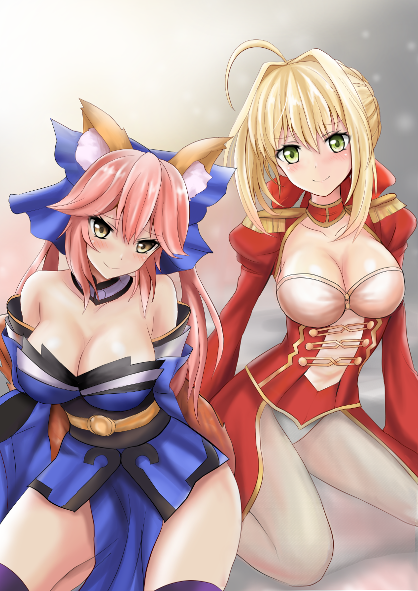 2girls, ahoge, animal_ear_fluff, animal_ears, bad_id, bad_pixiv_id, bare_shoulders, blonde_hair, blue_kimono, blue_legwear, blue_ribbon, blush, braid, breasts, bun_with_braided_base, cleavage, closed_mouth, collarbone, comiket, comiket_95, detached_sleeves, dress, epaulettes, fate/extella, fate/extra, fate/grand_order, fate_(series), fox_ears, fox_girl, fox_tail, green_eyes, hair_bun, hair_intakes, hair_ribbon, japanese_clothes, kimono, large_breasts, leotard, lock, multiple_girls, nero_claudius_(fate), nero_claudius_(fate/extra), padlock, pink_hair, r-binon, red_dress, red_ribbon, ribbon, see-through_clothes, sitting, tail, tamamo_no_mae_(fate), yellow_eyes