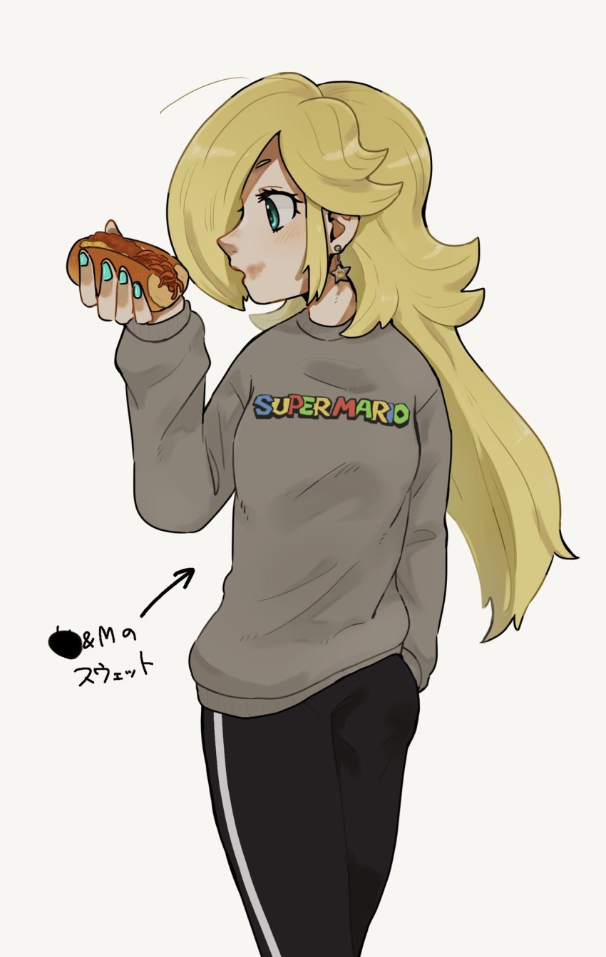 1girl, blonde_hair, blue_eyes, blue_nails, casual, cowboy_shot, earrings, eating