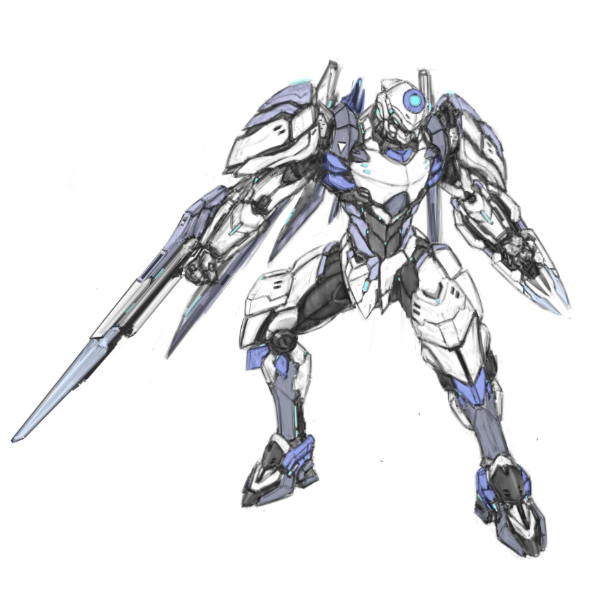 absurdres, arm_blade, blue_eyes, chinese_commentary, clenched_hands, fenrir_(iron_saga), full_body, highres, iron_saga, looking_down, mecha, no_humans, robot, science_fiction, sketch, solo, weapon, white_background, yi_huizi
