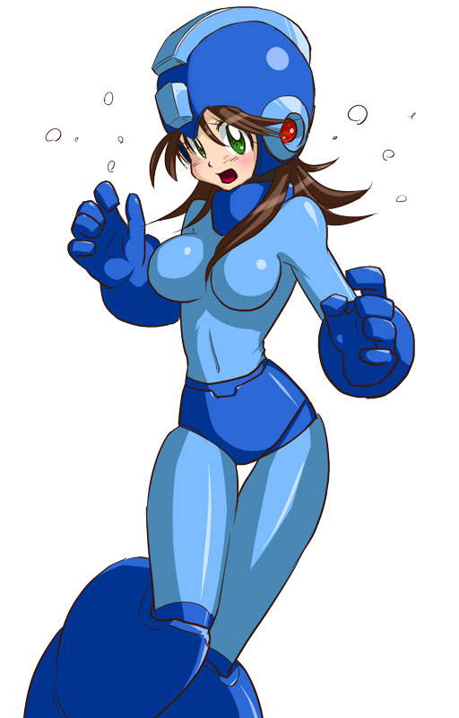 1girl, brown_hair, capcom, female_focus, gender_request, genderswap, genderswap_(mtf), green_eyes, helmet, kurowasagi, long_hair, mega_man_(character), mega_man_(classic), mega_man_(series), open_mouth, solo, sweat