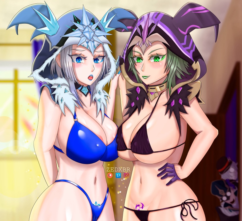 2boys, 2girls, absurdres, bikini, blue_eyes, blush, breast_press, breasts
