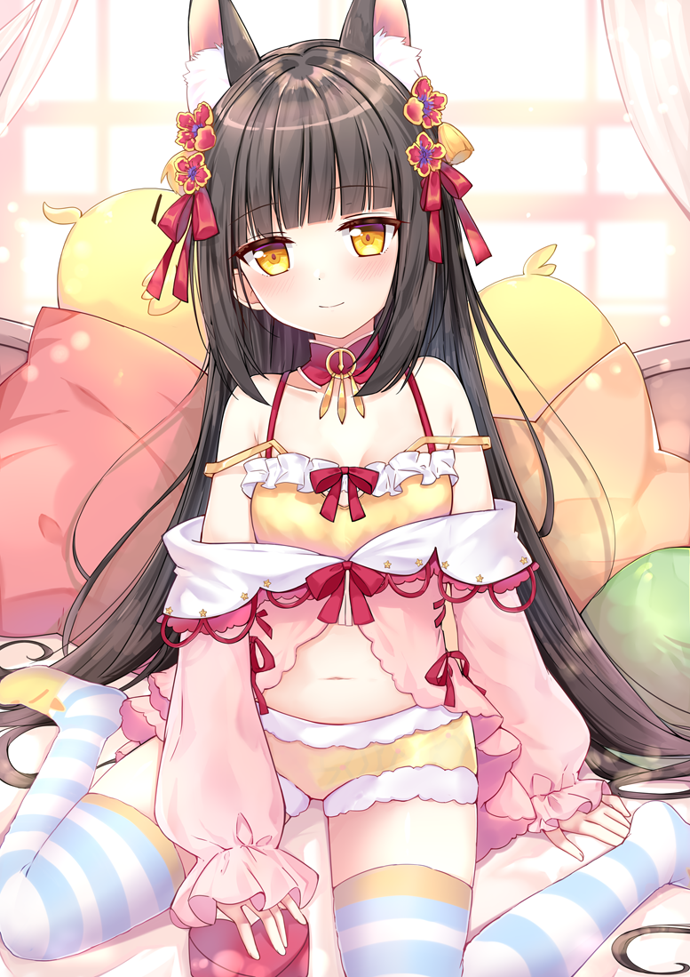 1girl, animal_ear_fluff, animal_ears, azur_lane, bare_shoulders, bed, black_hair, blunt_bangs, blush, breasts, camisole, closed_mouth, collarbone, commentary_request, curtains, fox_ears, fur-trimmed_shorts, fur_trim, heart, kana_(kuaua), loli, long_sleeves, looking_at_viewer, nagato_(azur_lane), nagato_(guardian_fox's_vacation)_(azur_lane), no_shoes, off_shoulder, official_alternate_costume, pillow, puffy_long_sleeves, puffy_sleeves, short_shorts, shorts, sitting, sleeves_past_wrists, small_breasts, smile, solo, strap_slip, striped_clothes, striped_thighhighs, thighhighs, wariza, window, yellow_camisole, yellow_eyes, yellow_shorts