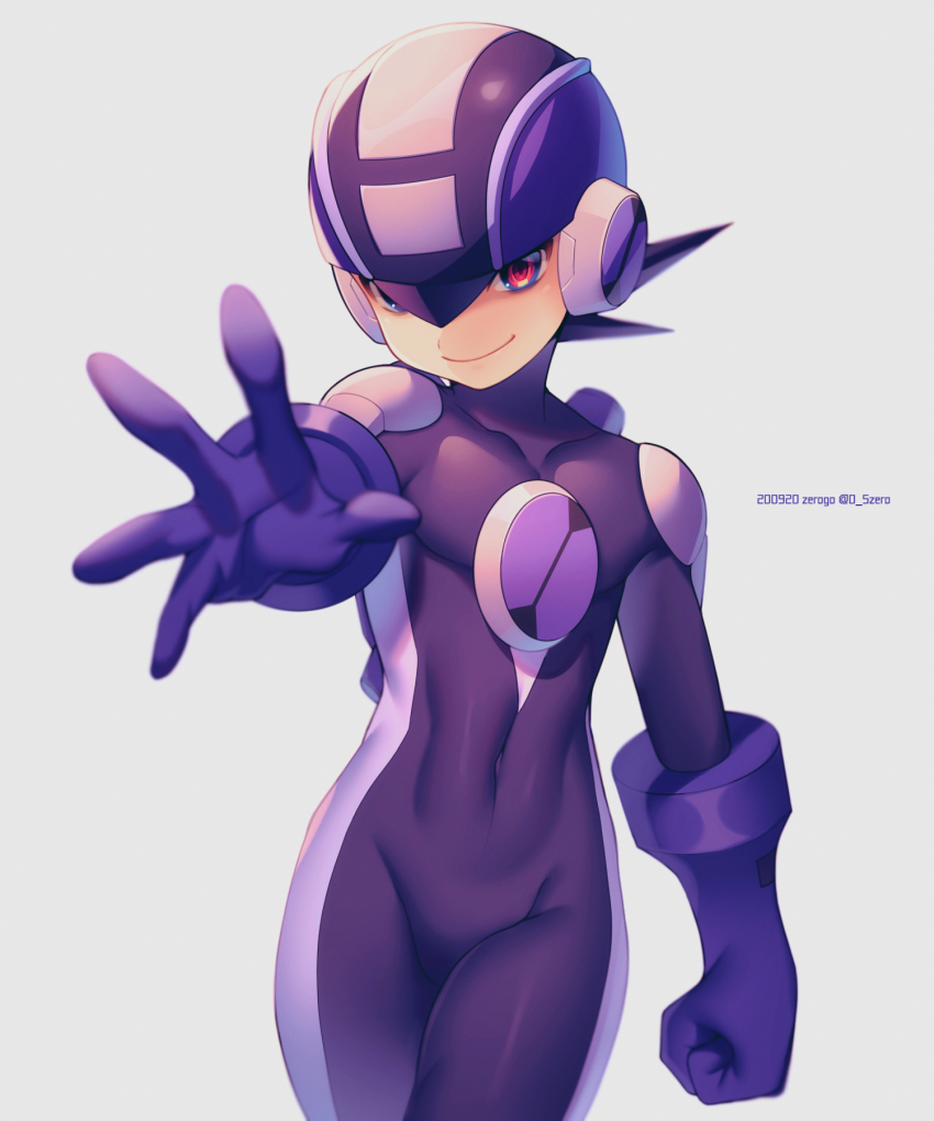 1boy, arm_at_side, artist_name, blurry, bodysuit, clenched_hand, closed_mouth, commentary_request, covered_collarbone, covered_navel, cowboy_shot, dark_megaman.exe, dark_persona, dated, depth_of_field, grey_background, helmet, highres, male_focus, mega_man_(series), mega_man_battle_network, mega_man_battle_network_(series), mega_man_battle_network_5, megaman.exe, netnavi, outstretched_hand, purple_bodysuit, purple_headwear, red_eyes, short_hair, simple_background, smile, solo, standing, twitter_username, zero-go