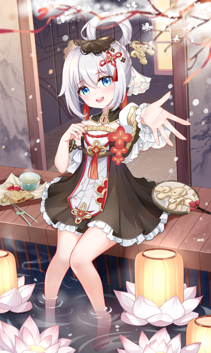 1girl, :d, bare_legs, bare_shoulders, barefoot, honkai_gakuen, blue_eyes, blush, detached_sleeves, flower, gou_lianlian_dogface, hair_between_eyes, hair_ornament, highres, honkai_(series), honkai_impact_3rd, looking_at_viewer, lotus, lotus_lantern, new_year, open_mouth, sitting, smile, teeth, theresa_apocalypse, tongue, white_hair, zhuge_kongming_(herald_of_spring)_(honkai_impact), zhuge_kongming_(honkai_impact)