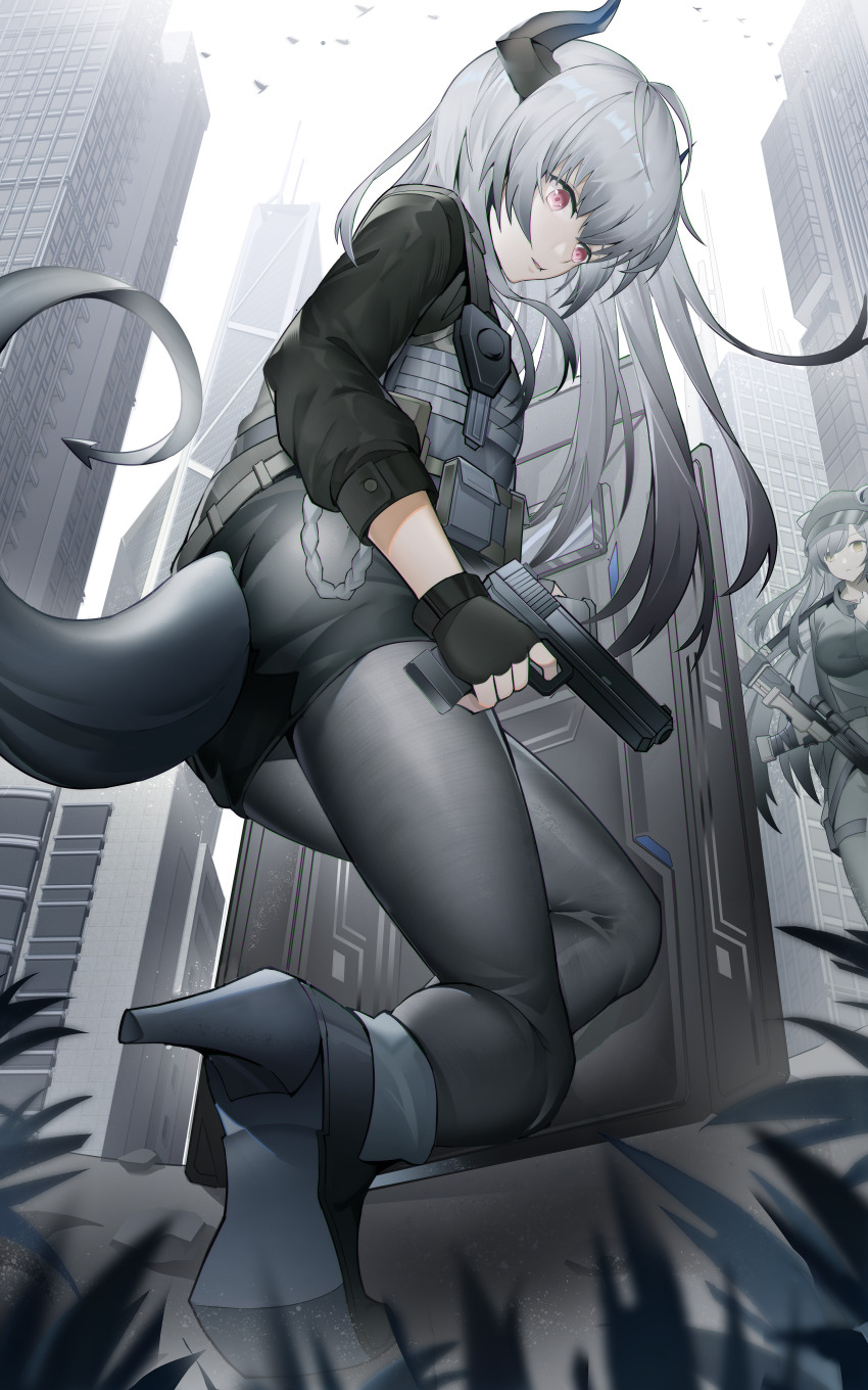2girls, absurdres, arknights, ass, ballistic_shield, black_footwear, black_gloves, black_headwear, black_legwear, black_shirt, black_skirt, breasts, bulletproof_vest, chinese_commentary, city, commentary_request, day, dragon_girl, dragon_horns, dragon_tail, ears_through_headwear, fingerless_gloves, from_behind, gloves, gun, high_heels, highres, holding, holding_gun, holding_weapon, horns, huge_filesize, jinjide_shaonian, large_breasts, liskarm_(arknights), liskarm_(overload)_(arknights), long_hair, long_sleeves, looking_down, miniskirt, multiple_girls, official_alternate_costume, on_one_knee, outdoors, pantyhose, parted_lips, pencil_skirt, purple_eyes, rifle, riot_shield, schwarz_(arknights), schwarz_(skyline)_(arknights), shield, shirt, silver_hair, skirt, sniper_rifle, solo_focus, tail, thighs, weapon