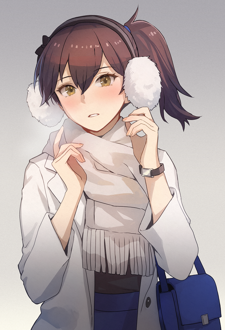 1girl, alternate_costume, bag, blush, brown_eyes, brown_hair, coat, earmuffs, fringe_trim, gradient_background, hair_between_eyes, kaga_(kancolle), kaga_(mitsukoshi)_(kancolle), kantai_collection, kasumi_(skchkko), long_hair, long_sleeves, open_clothes, open_coat, open_mouth, scarf, shoulder_bag, side_ponytail, solo, upper_body, watch, white_coat, white_scarf, wristwatch