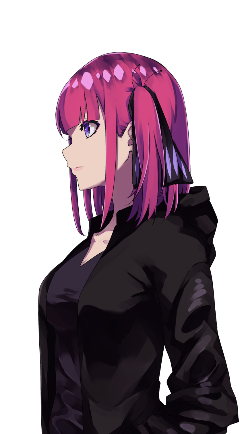 1girl, black_hoodie, black_shirt, blue_eyes, blunt_bangs, breasts, cleavage, collarbone, expressionless, eyebrows_hidden_by_hair, eyeshadow, from_side, go-toubun_no_hanayome, highres, hood, hoodie, looking_ahead, lox_(orchis_lox), makeup, medium_breasts, medium_hair, nakano_nino, pink_hair, purple_eyeshadow, shirt, solo, two_side_up, white_background