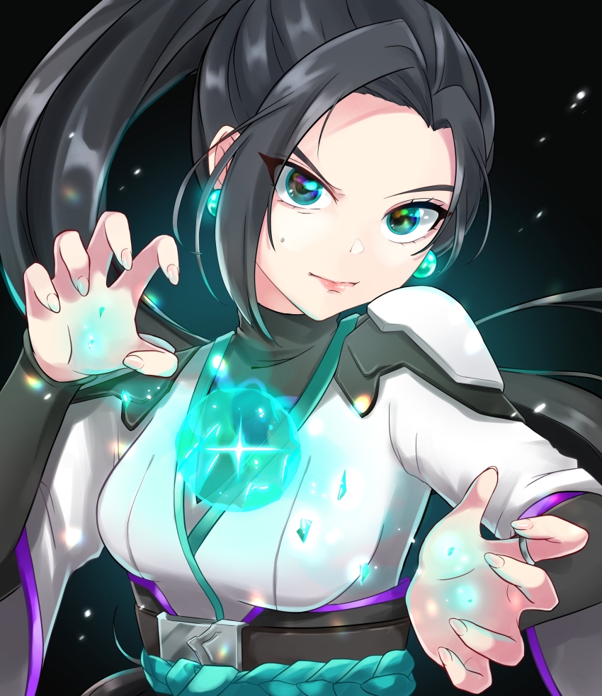 1girl, absurdres, animification, belt, black_belt, black_hair, breasts, earrings, floating_hair, glowing, glowing_earrings, green_eyes, hair_behind_ear, highres, jewelry, looking_at_viewer, medium_breasts, open_hands, orb, parted_bangs, ponytail, re_mistar, sage_(valorant), solo, v-shaped_eyebrows, valorant