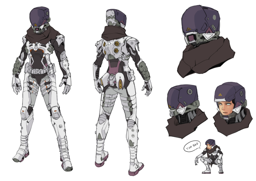 1girl, apex_legends, armor, blue_eyes, brown_scarf, reference_sheet, english_text, from_behind
