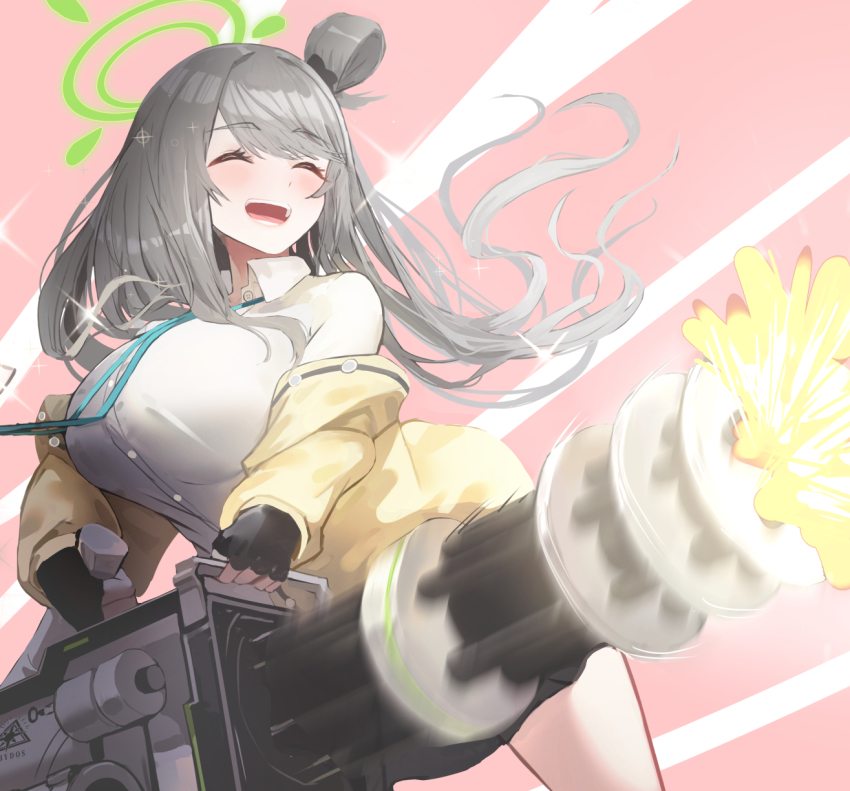 1girl, blue_archive, blush, breasts, commentary_request, closed_eyes, fingerless_gloves, firing