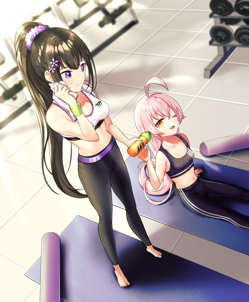 2girls, ahoge, black_hair, blue_archive, breasts, cleavage, collarbone, commentary_request, fitness_gym, gym_uniform, hair_ornament, highres, hoshino_(blue_archive), long_hair, mamyommi, medium_breasts, midriff, multiple_girls, navel, one_eye_closed, pink_hair, ponytail, purple_eyes, sitting, sports_bra, sumire_(blue_archive)