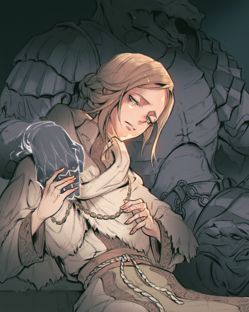 1boy, 1girl, armor, belt, blind, blonde_hair, braid, chain