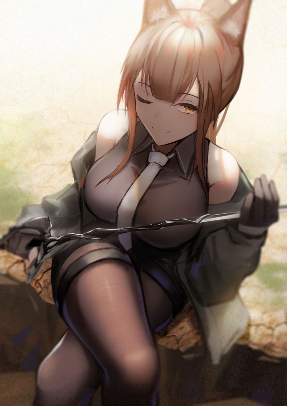 1girl, ;), animal_ears, arknights, backlighting, bare_shoulders, black_gloves, black_jacket