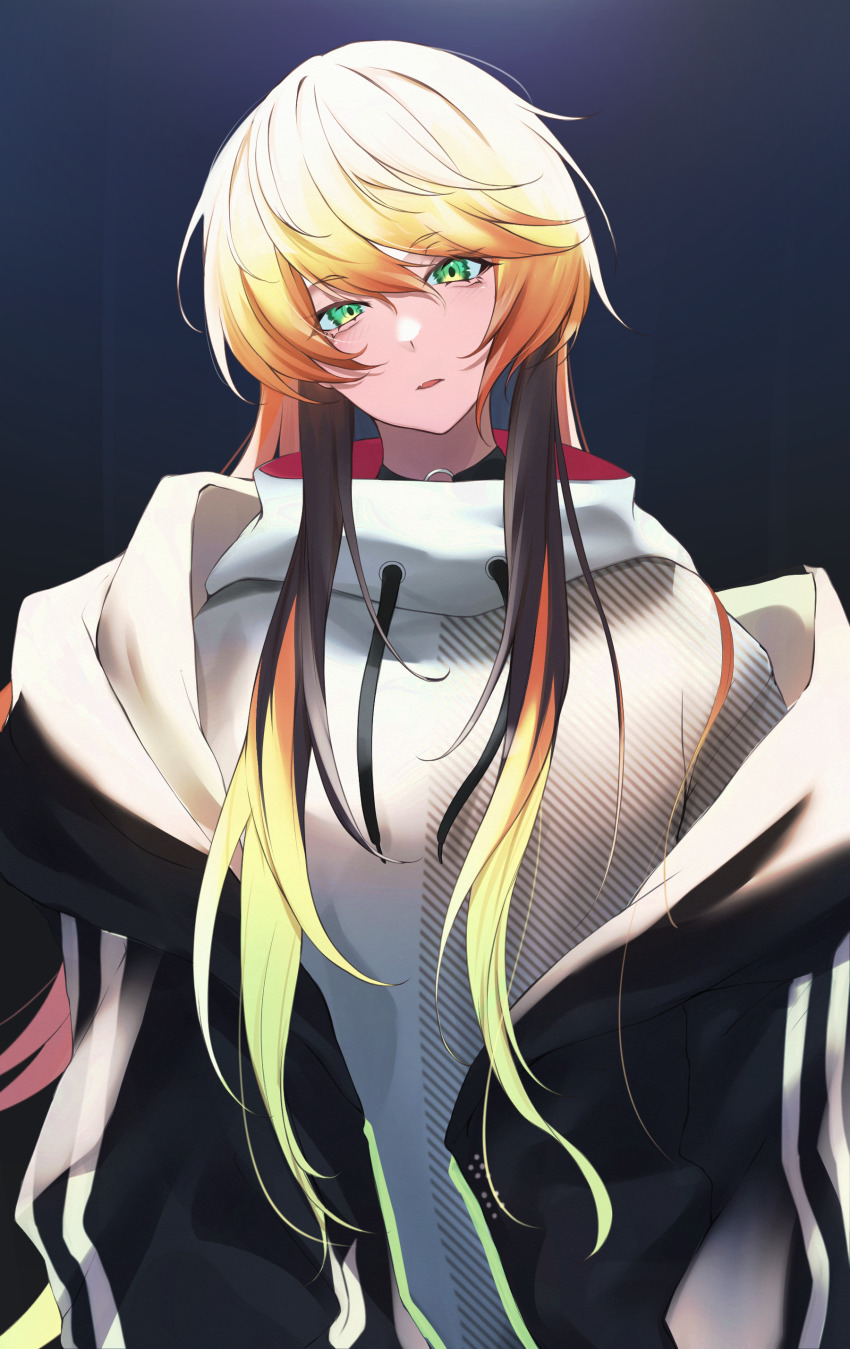 1other, absurdres, black_hair, black_jacket, blonde_hair, commentary_request, drawstring, green_eyes