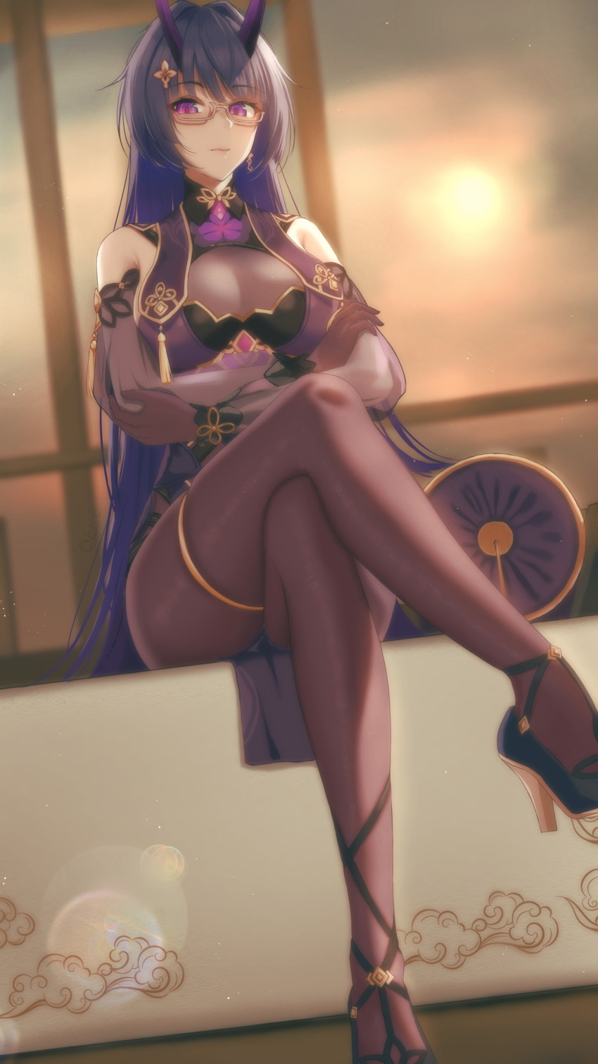 1girl, absurdres, bare_shoulders, black_legwear, breasts, china_dress, chinese_clothes, cleavage