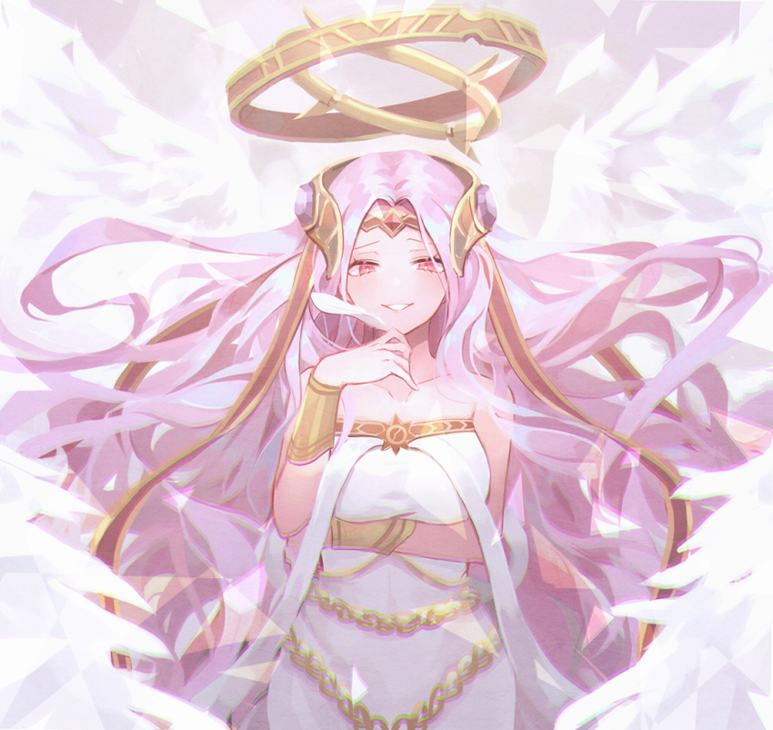 1girl, angel, angel_wings, archangel_gabriel_(guardian_tales), colored_skin, feathered_wings, gem, guardian_tales