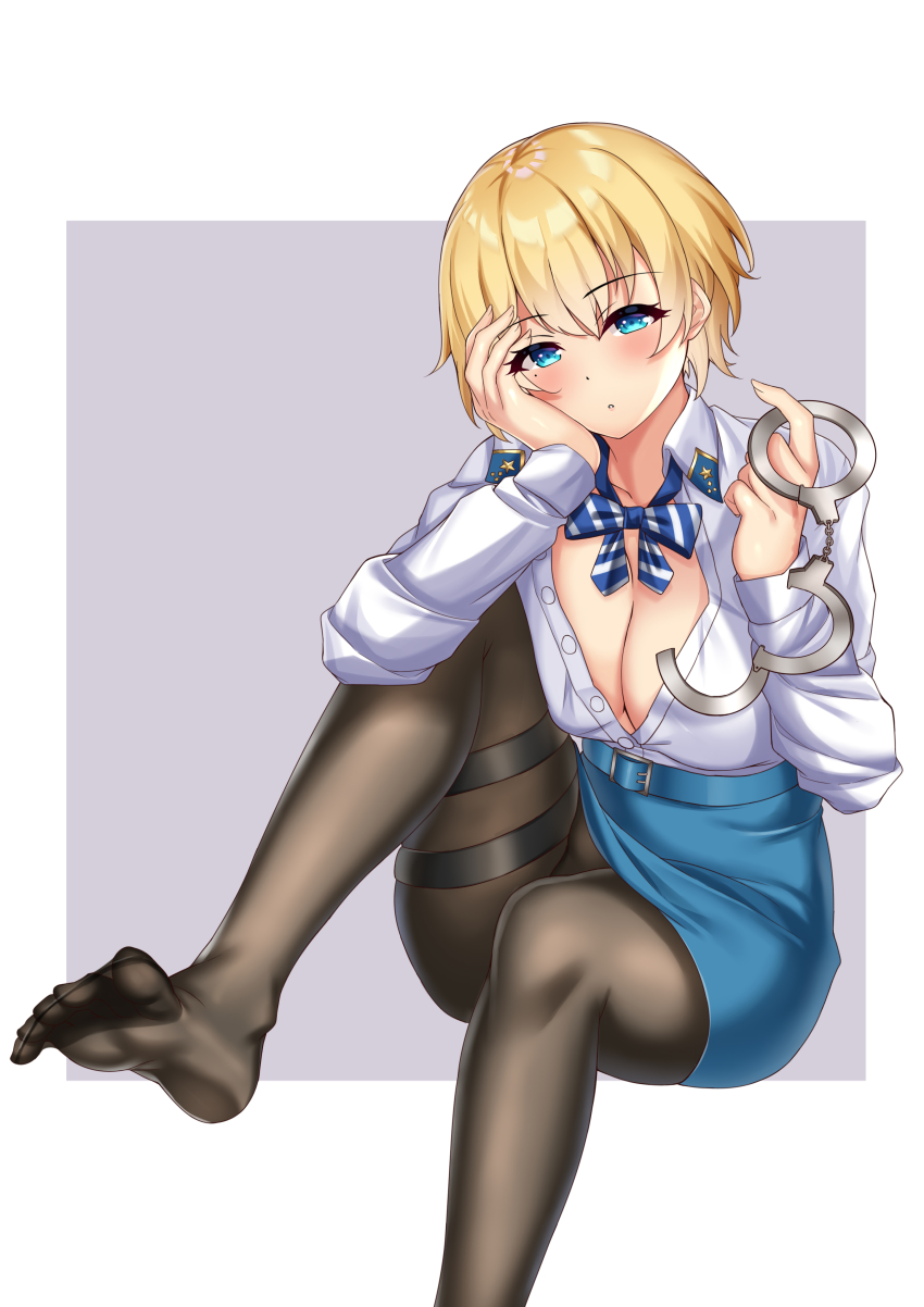 1girl, absurdres, black_pantyhose, blonde_hair, blue_eyes, buckle, cuffs, feet