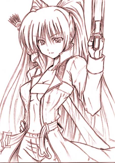 1girl, belt_bra, breasts, capcom, cleavage, coat, cosplay, dante, dante_(cosplay), dante_(devil_may_cry), dante_(devil_may_cry)_(cosplay), devil_may_cry_(series), female_focus, gun, handgun, kousaka_tamaki, large_breasts, midriff, monochrome, overcoat, pistol, rebellion_(sword), sankaku_umako, solo, sword, to_heart_(series), to_heart_2, twintails, weapon