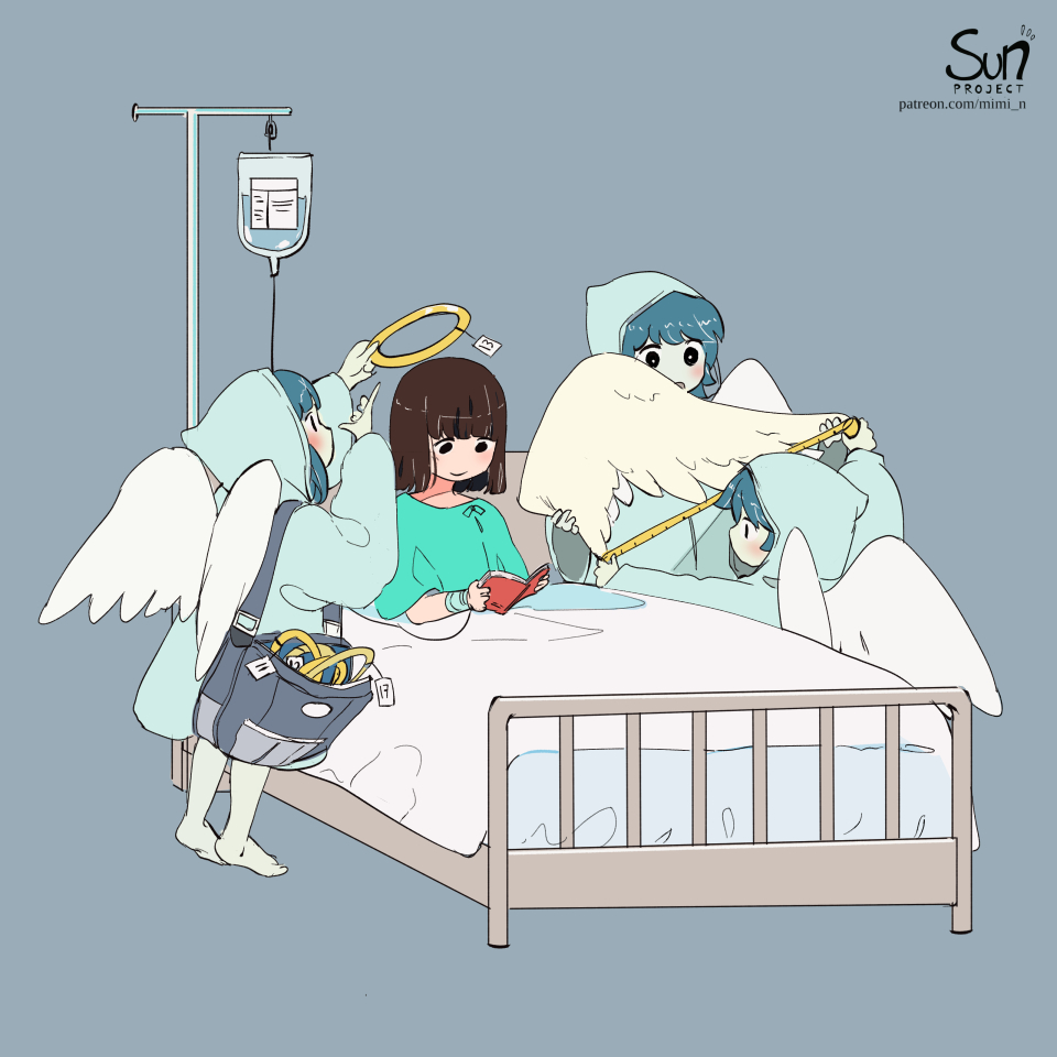 4girls, angel, angel_wings, bag, bed, bed_sheet, blue_hair, book