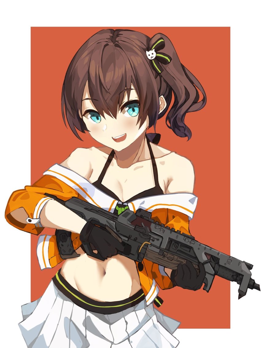 1girl, apex_legends, assault_rifle, blue_eyes, brown_hair, collarbone, commentary_request, gun, hair_behind_ear, hair_between_eyes, highres, holding, holding_gun, holding_weapon, hololive, midriff, natsuiro_matsuri, natsuiro_matsuri_(1st_costume), navel, nyxview, off_shoulder, rifle, sailor_collar, side_ponytail, skirt, solo, virtual_youtuber, vk-47_flatline, weapon, white_skirt