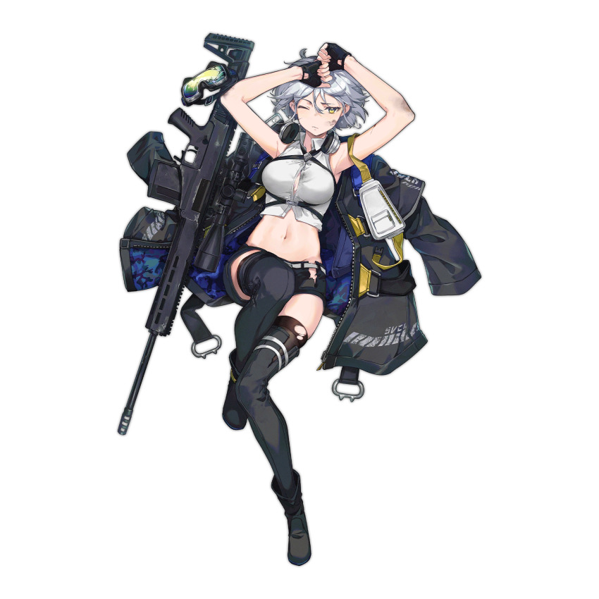 1girl, armpits, arms_up, bare_arms, bare_shoulders, belt, black_boots, black_gloves