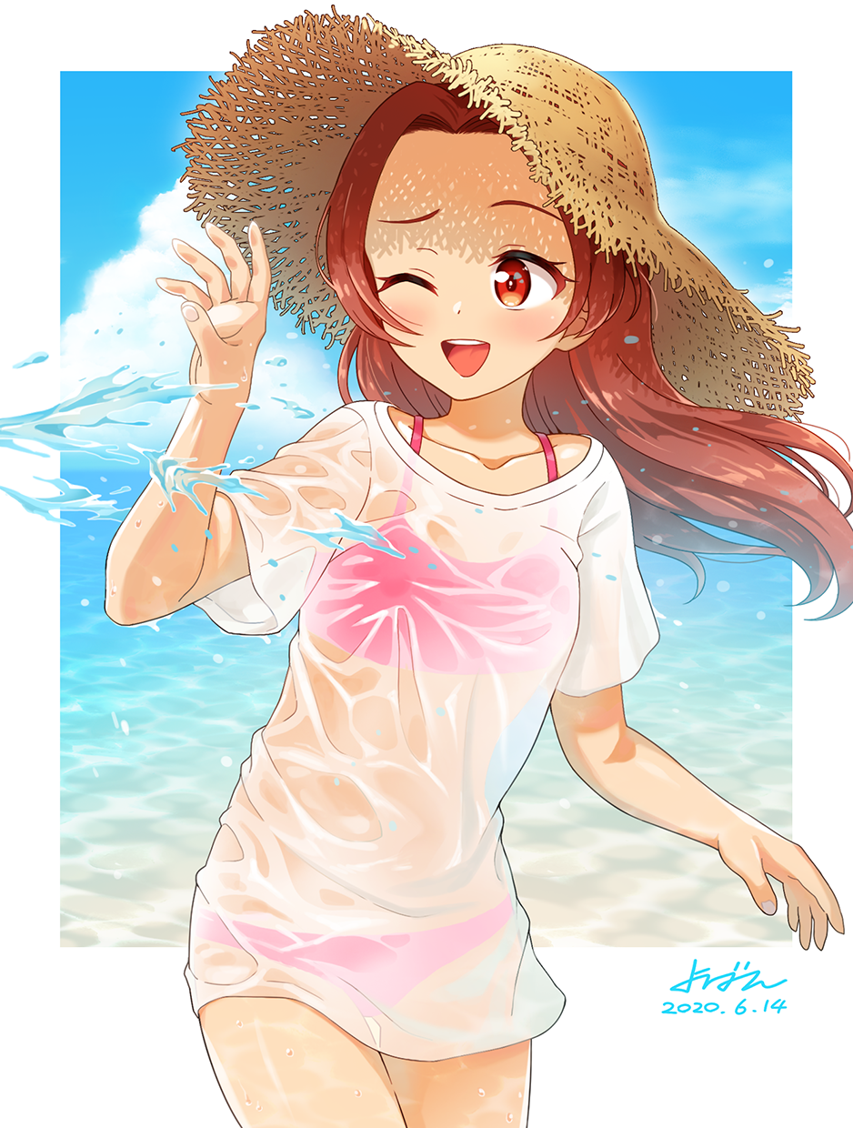 1girl, ;d, aikatsu!, aikatsu!_(series), bikini, blue_sky, blush, brown_hair, cowboy_shot, dated, day, forehead, hand_up, hat, highres, long_hair, looking_at_another, nail_polish, ocean, one_eye_closed, open_mouth, otoshiro_noel, pink_bikini, pink_nails, red_eyes, see-through_clothes, shirt, signature, sky, smile, solo, splashing, straw_hat, sun_hat, swimsuit, thigh_gap, thighs, wet, wet_clothes, wet_shirt, white_shirt, yoban