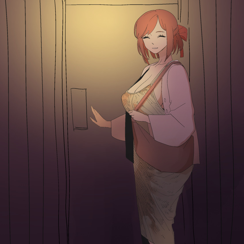 1girl, bag, brown_hair, coat, colored_skin, closed_eyes, guardian_tales, hair_ribbon