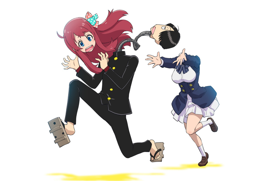 1boy, 1girl, blue_eyes, bow, breasts, crossover, disembodied_head, dr._slump