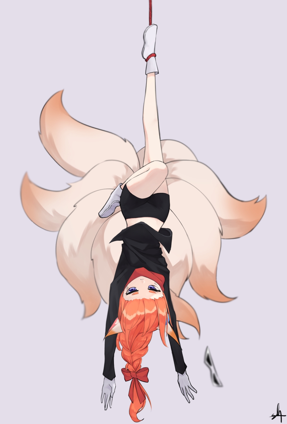 1girl, animal_ears, bad_id, bad_pixiv_id, blue_eyes, eight-tailed_fox_nari, eye_mask, fox_ears, fox_girl, full_body, gloves, grey_background, guardian_tales, highres, mask, multiple_tails, orange_hair, red_ribbon, ribbon, rope, sinlu, solo, tail, white_footwear, white_gloves