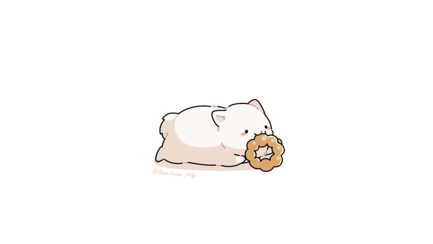 :3, animal, animal_focus, artist_name, black_eyes, blush_stickers, dog, donut, eating, fluffy, food, fuwa_fuwa_dog, holding, holding_food, lying, no_humans, on_stomach, original, pon_de_ring, shadow, simple_background, solid_circle_eyes, solo, twitter_username, white_background