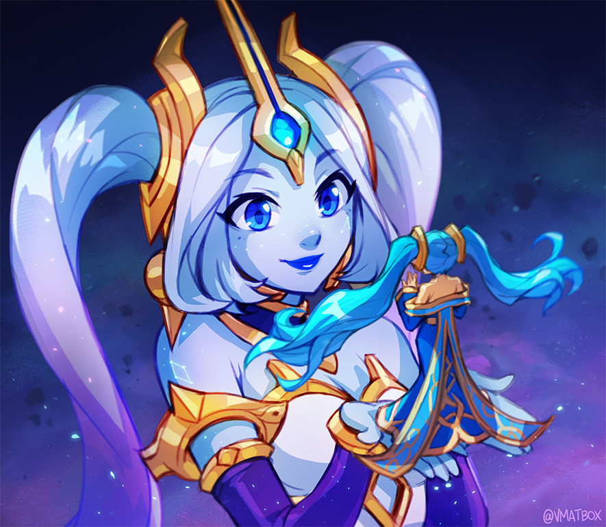 2girls, artist_name, blue_dress, blue_eyes, blue_hair, blue_lips, blue_skin, breasts, colored_skin, commentary, cosmic_destiny_nami, detached_sleeves, dress, english_commentary, floating_hair, giant, giantess, holding_person, league_of_legends, md5_mismatch, medium_breasts, mole, mole_under_eye, multiple_girls, nami_(league_of_legends), off-shoulder_dress, off_shoulder, open_hand, size_difference, smile, sona_(league_of_legends), twintails, vmat, waving