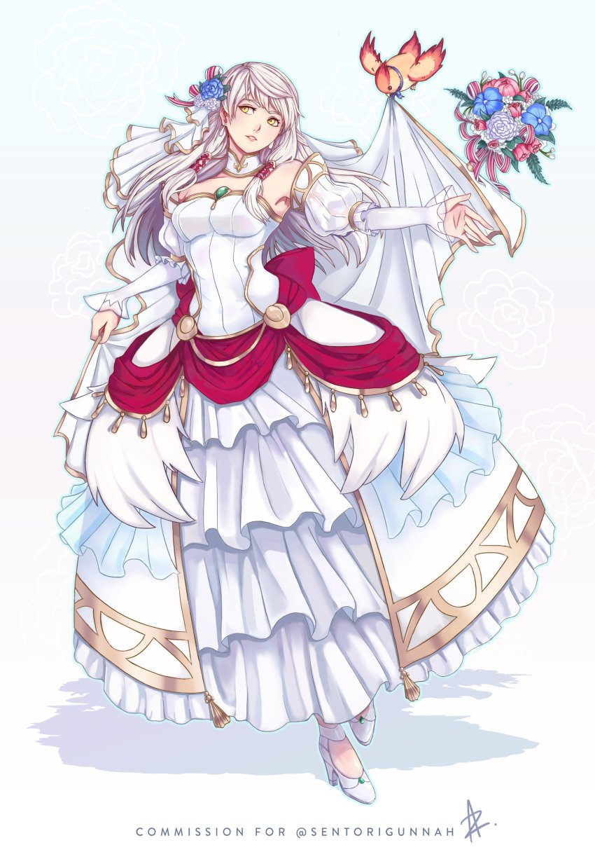 1girl, absurdres, alternate_costume, bird, bouquet, bow, bride, bride_(fire_emblem)