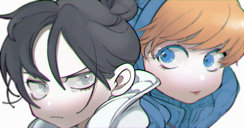 2girls, animification, apex_legends, black_hair, blue_eyes, blue_headwear, chibi, chromatic_aberration, eyebrows_hidden_by_hair, grey_eyes, hair_behind_ear, hair_between_eyes, ham_(hamhampy), hood, looking_to_the_side, multiple_girls, quarantine_722_wraith, tongue, tongue_out, upper_body, v-shaped_eyebrows, wattson_(apex_legends), white_background, wraith_(apex_legends)