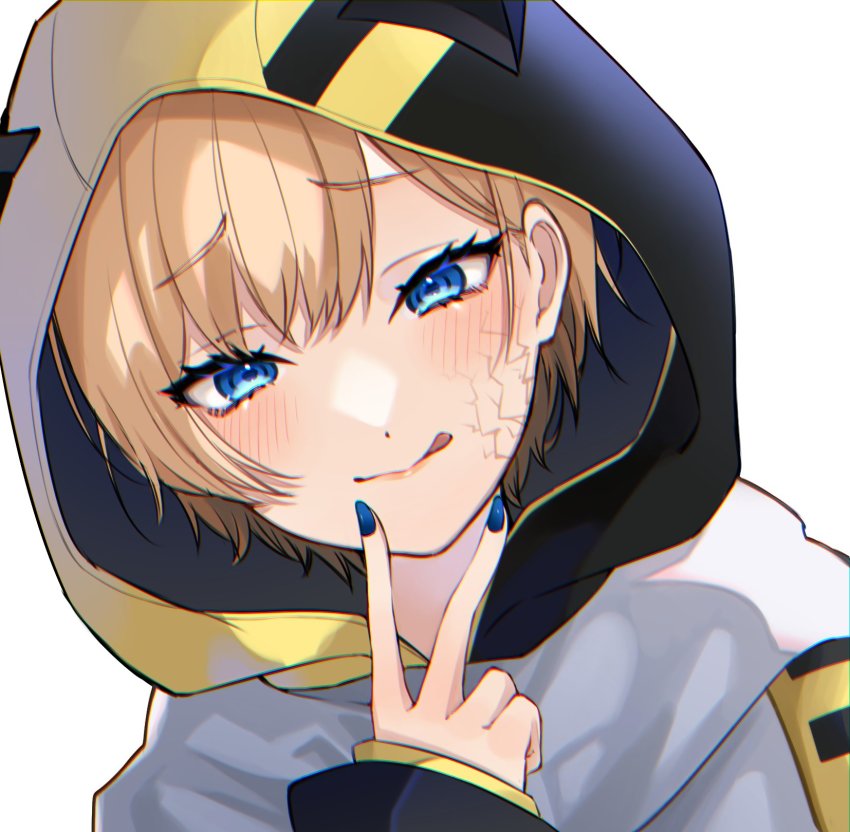 1girl, animification, apex_legends, bad_id, bad_twitter_id, blonde_hair, blue_eyes, blue_nails, cosplay, facial_scar, hair_behind_ear, highres, hood, hood_up, lichtenberg_figure, nail_polish, scar, scar_on_cheek, scar_on_face, scarf, smile, solo, tmt.tem, tongue, tongue_out, tsurime, upper_body, v, void_prowler_wraith, wattson_(apex_legends), white_background, white_scarf, wraith_(apex_legends), wraith_(apex_legends)_(cosplay)