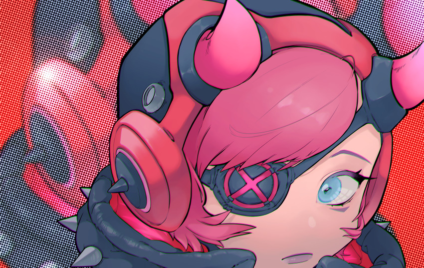 1girl, animification, apex_legends, blue_eyes, close-up, cyber_punked_wattson, eyebrows_hidden_by_hair, eyepatch, ham_(hamhampy), highres, hood, horns, lipstick, looking_to_the_side, makeup, pink_hair, purple_lips, solo, spiked_hood, spikes, upper_body, wattson_(apex_legends), zoom_layer