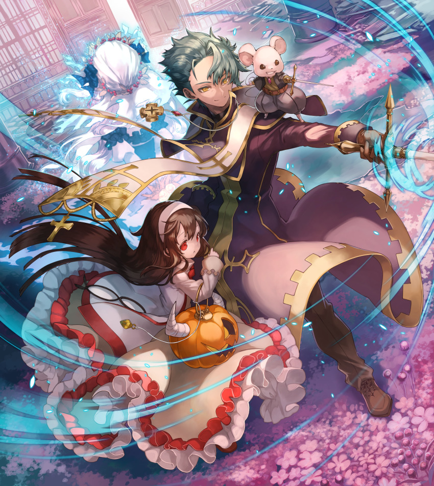 1boy, 1other, 2girls, :o, aqua_hair, asymmetrical_bangs, back-to-back, baggy_pants, black_eyes, black_hair, black_jacket, black_pants, blunt_ends, bow, bowtie, brooch, brown_footwear, brown_jacket, brown_shirt, closed_mouth, column, commentary_request, cosette_(merc_storia), cross, cross_necklace, door, dress, dutch_angle, eleanor_(merc_storia), father_and_child, father_and_daughter, flower, frilled_dress, frills, furry, ghost, gold_trim, grin, hairband, highres, holding, holding_sword, holding_weapon, husband_and_wife, indoors, jack-o'-lantern, jacket, jeantol, jewelry, layered_dress, long_hair, long_jacket, looking_away, magic, merc_storia, mito_itsuki, mother_and_child, mother_and_daughter, mouse_(animal), multiple_girls, necklace, no_sclera, open_mouth, pants, parent_and_child, pillar, poppy_(flower), priest, rapier, red_bow, red_eyes, red_neckwear, ruins, shirt, smile, smug, squeak_(merc_storia), stole, sword, very_long_hair, weapon, white_dress, white_hairband, white_headwear, wind, window, yellow_eyes