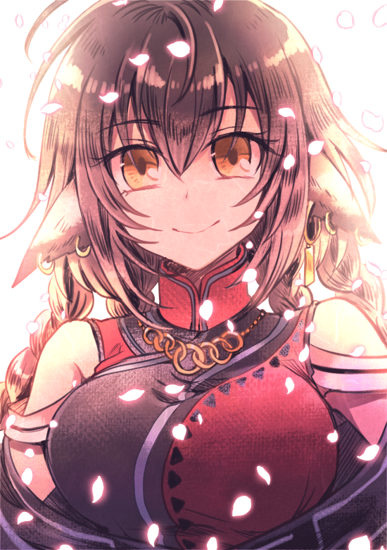 1girl, ahoge, animal_ears, anju_(utawarerumono), aquaplus, braid, breasts, brown_hair, closed_mouth, earrings, hasu_hiko, jewelry, large_breasts, long_hair, necklace, orange_eyes, petals, smile, utawarerumono, utawarerumono:_lost_flag