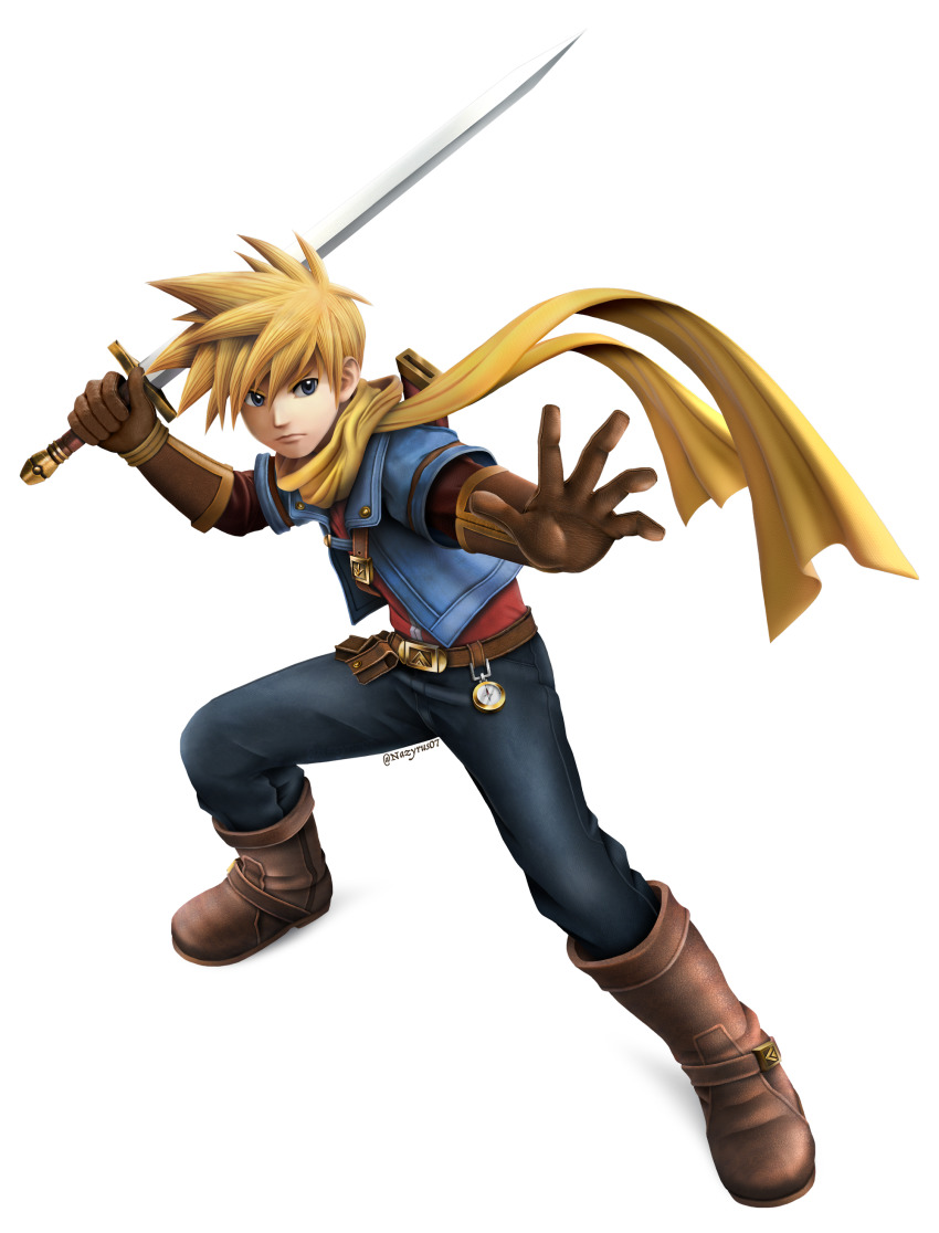 3d, absurdres, belt, belt_buckle, blonde_hair, boots, buckle, compass, gloves, golden_sun, golden_sun:_dark_dawn, highres, holding, holding_weapon, jacket, leather, leather_boots, leather_gloves, matthew_(golden_sun), nazyrus07, nintendo, parody, pouch, scarf, super_smash_bros., sword, transparent_background, weapon, yellow_scarf