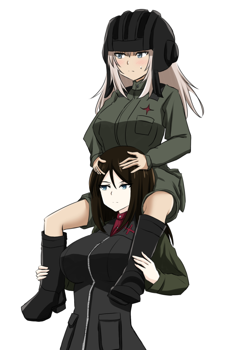 2girls, black_footwear, black_hair, black_headwear, black_vest, blue_eyes, blush, boots