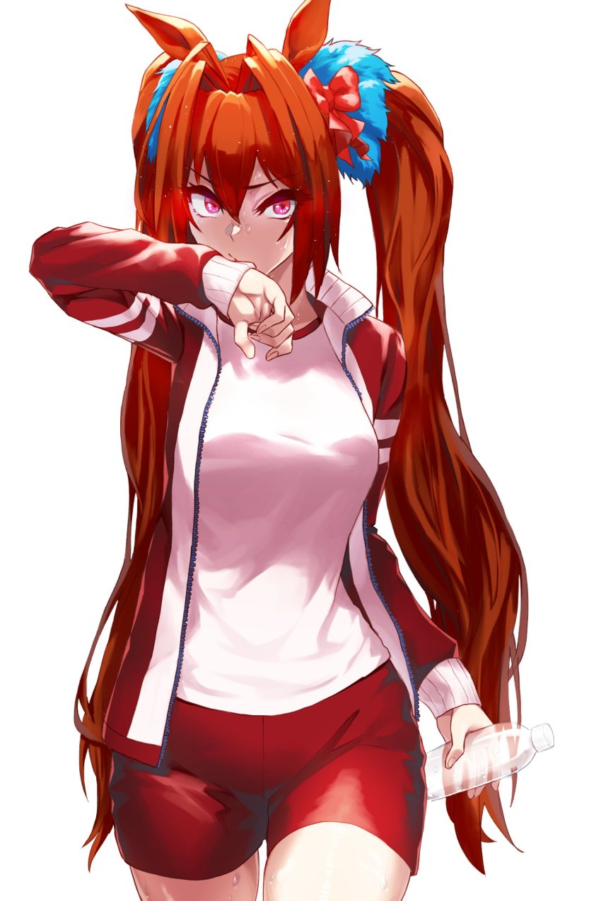 1girl, absurdres, animal_ears, blue_scrunchie, bottle, breasts, brown_hair, buruma