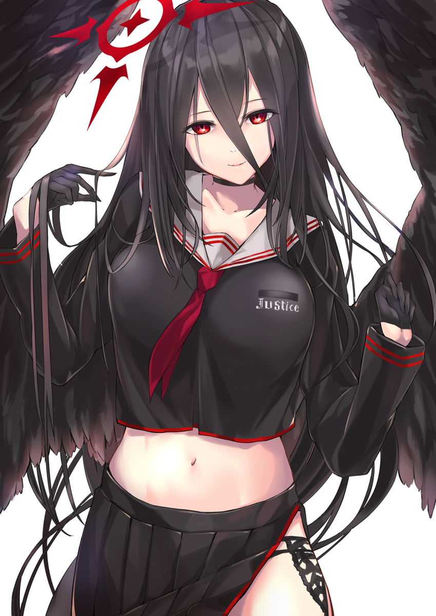 1girl, black_gloves, black_hair, black_shirt, black_skirt, black_wings, blue_archive, choker