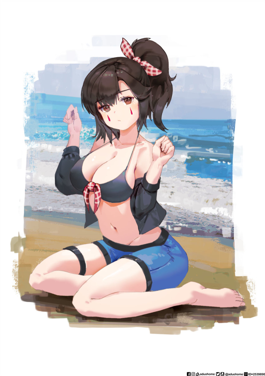 1girl, aduo, alternate_costume, beach, bikini, bikini_top_only, blue_shorts, breasts