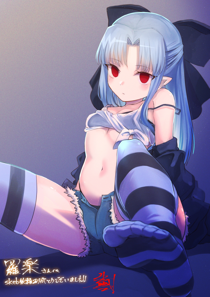 1girl, absurdres, akaya_shiki, alternate_costume, black_bow, black_bra, blue_hair, blush, bow, bra, breasts, closed_mouth, commentary_request, cutoffs, denim, denim_shorts, feet, foot_out_of_frame, gradient_background, hair_bow, half_updo, head_tilt, highleg, highleg_panties, highres, huge_filesize, large_bow, len_(tsukihime), long_hair, looking_at_viewer, midriff, navel, no_pupils, off_shoulder, panties, panty_straps, parted_bangs, partially_unzipped, purple_background, red_eyes, shirt, shorts, sidelocks, signature, sitting, small_breasts, soles, solo, stomach, strap_slip, striped_clothes, striped_thighhighs, thighhighs, thong, tied_shirt, tsukihime, underwear