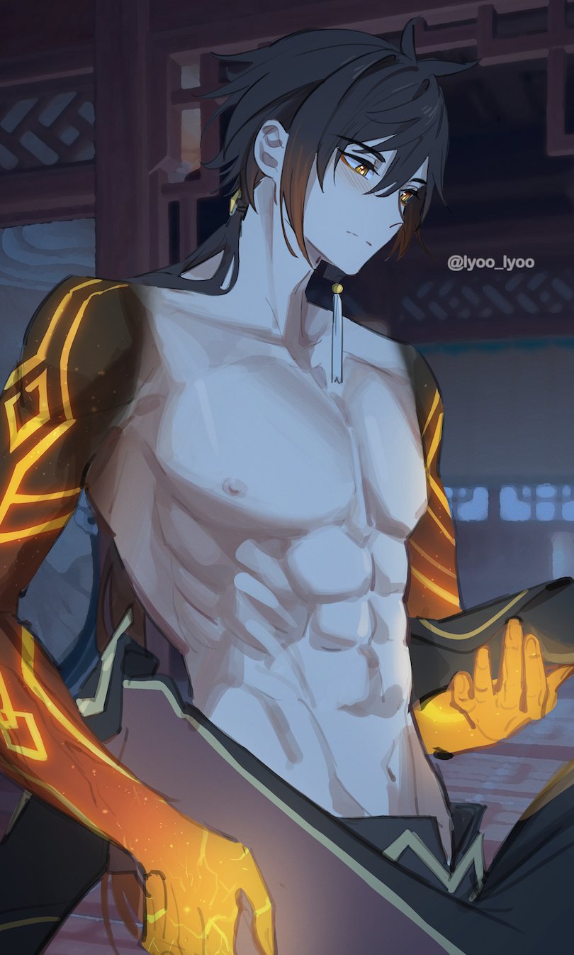 2boys, abs, aether_(genshin_impact), arm_tattoo, black_hair, black_pants, brown_hair, closed_mouth