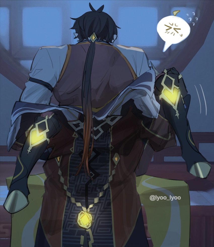 >_<, 2boys, aether_(genshin_impact), ahoge, black_footwear, black_gloves, black_hair, boots