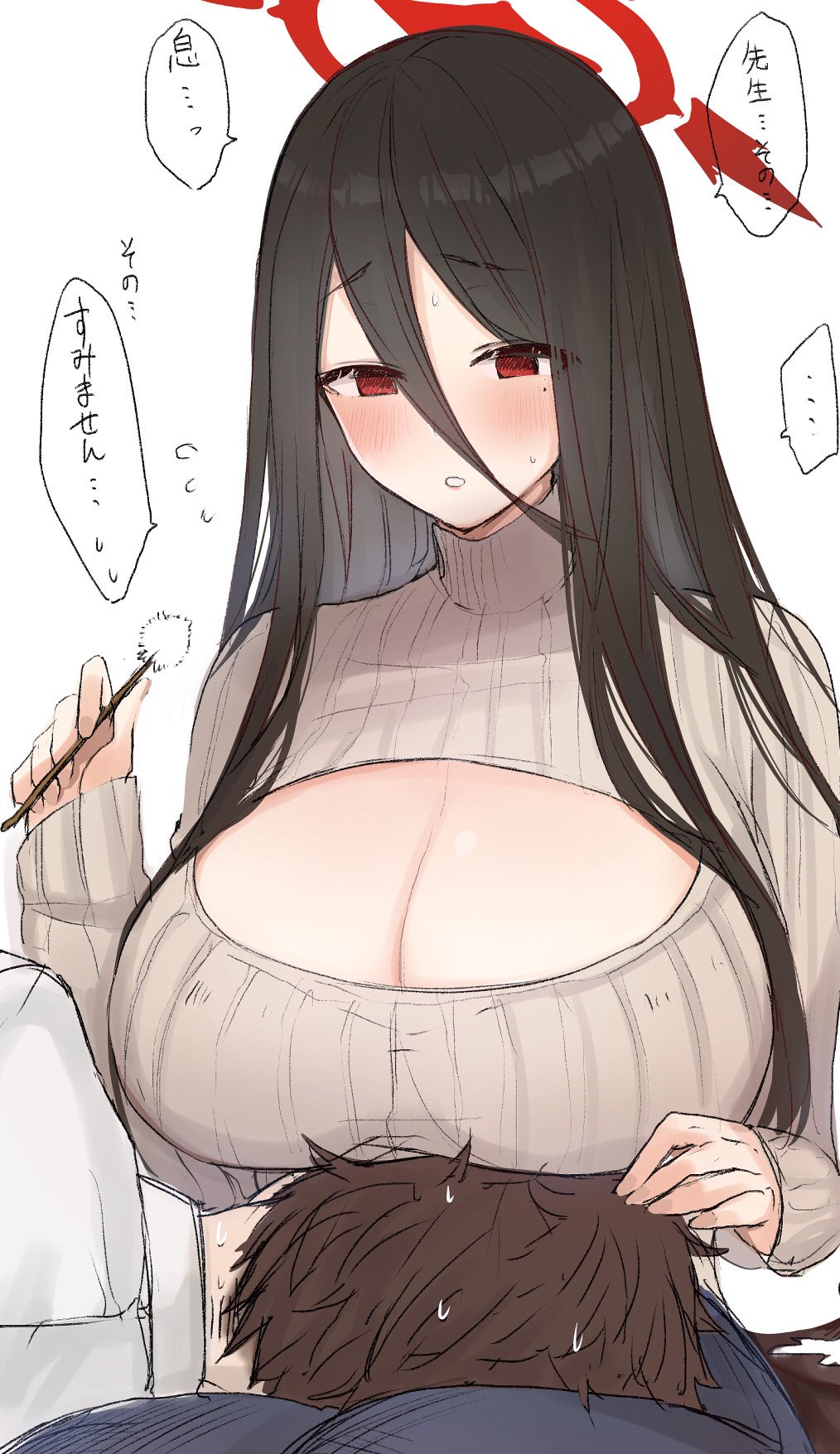 1boy, 1girl, alternate_costume, black_hair, blue_archive, breasts, cleavage, cleavage_cutout, clothing_cutout, emirio_(emirio110), flying_sweatdrops, hair_between_eyes, halo, hasumi_(blue_archive), highres, huge_breasts, long_hair, long_sleeves, mimikaki, mole, mole_under_eye, open-chest_sweater, red_eyes, ribbed_sweater, sensei_(blue_archive), sweat, sweater