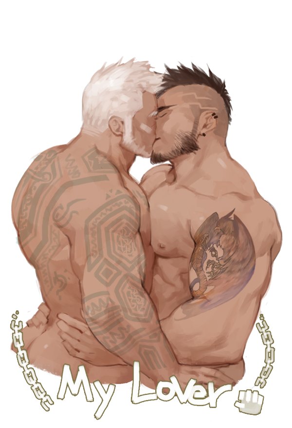 2boys, aaron_huton_(cyphers), abs, arm_tattoo, ass, back_tattoo, bandaid, bandaid_on_cheek