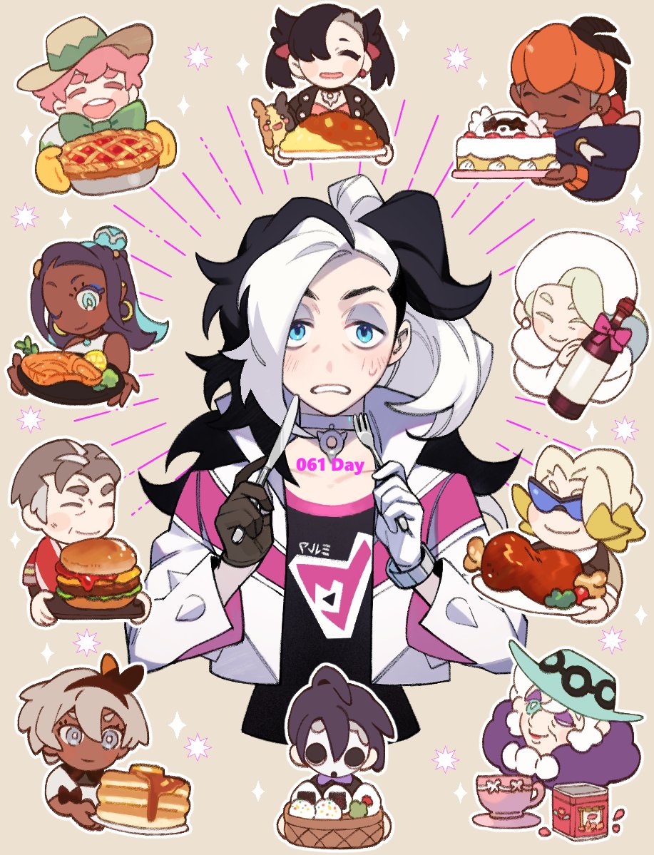 5girls, 6+boys, ahoge, allister_(pokemon), asymmetrical_gloves, bea_(pokemon), black-framed_eyewear, black_hair