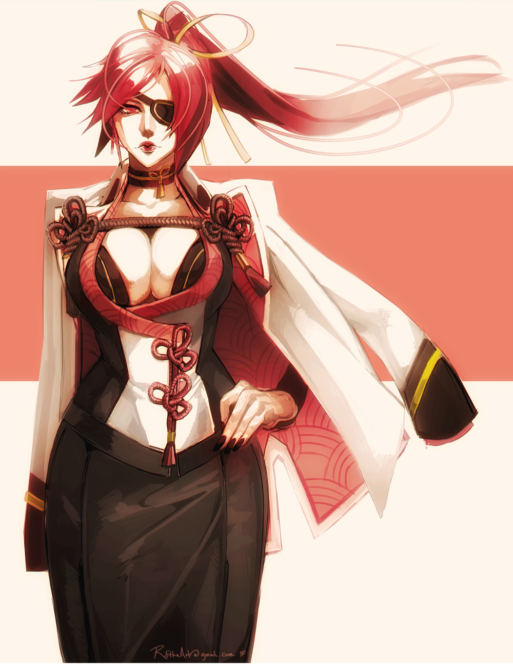 1girl, alternate_costume, baiken, breasts, choker, cleavage, eyepatch, formal_clothes